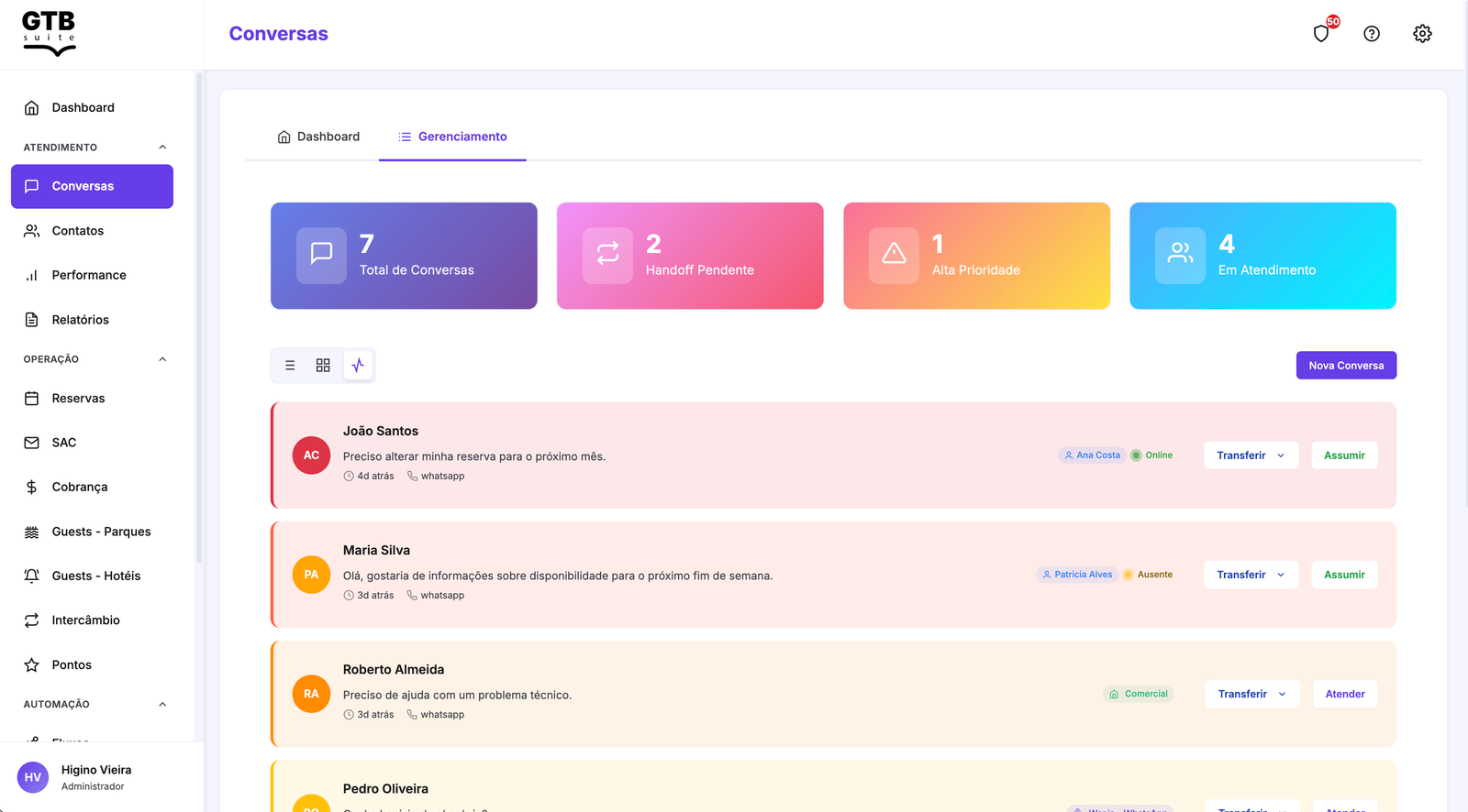GTB Suite - Organização de conversas por fila de prioridade
